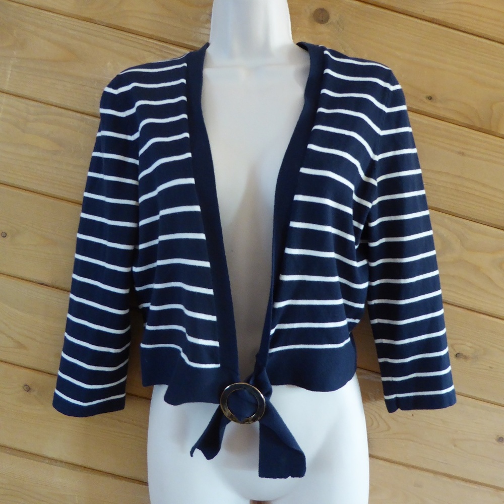 Jones New York Blue Stripe Crop Nautical Cardigan